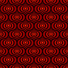 BLACK SEAMLESS ART DECO PATTERN WITH RED AND ABSTRACT SHAPES IN VECTOR