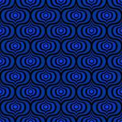 BLACK SEAMLESS ART DECO VECTOR BACKGROUND WITH BLUE ABSTRACT ELEMENTS