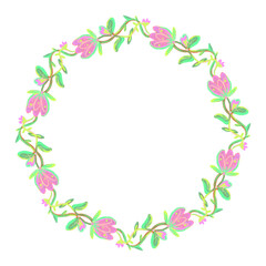 Fototapeta na wymiar Floral decorative bright wreath with pastel flowers on transparent background. PNG.
