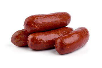 Smoked german sausages, isolated on white background.