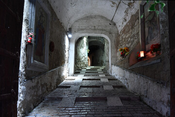 A narrow street in Pietramelara, a medieval village in Caserta province, Italy.