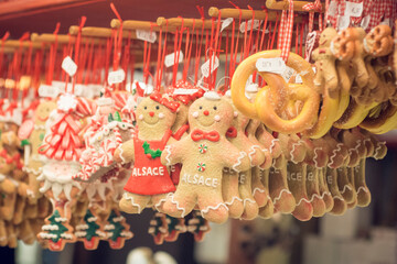 Gingerbread ornaments for Christmas tree - Christmas market shopping in Alsace, Colmar, France