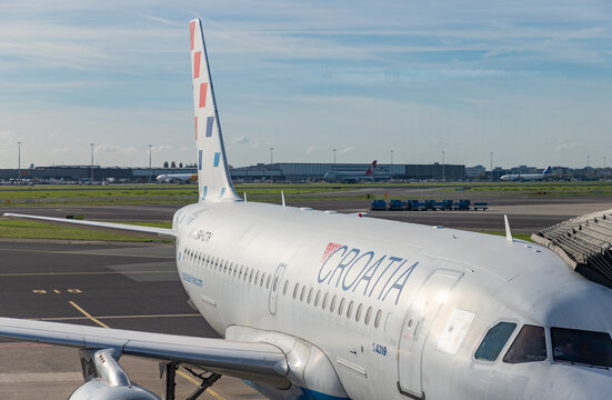 Amsterdam, Netherlands - October 19, 2022: A close-up picture of a Croatia Airlines plane.