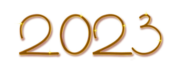 Happy new year with numbers 2023 and gold glitter on white background.
