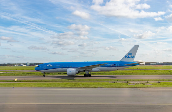 Amsterdam, Netherlands - October 19, 2022: A picture of a Boeing 777 KLM plane on the runway.