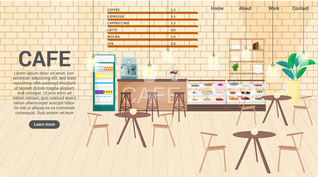 Website template of cafe or restaurant with button. Cozy beautiful interior with bakery. For design, new business. Vector illustration in cartoon style.
