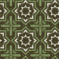 Mosaic geometric green seamless texture pattern. Trendy kaleidoscope woven design for printed fabric. Rough abstract textile design. 