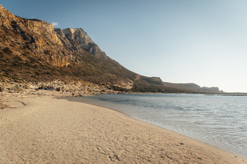 Fototapeta na wymiar Yellow sand, rocky landscape and mediterranean sea in Crete. Incredible landscapes of Greece
