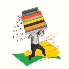 Contemporary art collage. Man carrying on his shoulders many books symbolizing importance of...