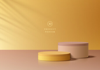 Abstract 3D room with realistic gold, pink gold cylinder stand podium set, Leaf shadow overlay background. Luxury minimal wall scene mockup product display. Vector geometric forms. Stage showcase.
