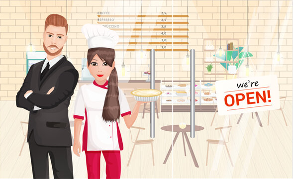 Cartoon interior of cafe with confectioner and businessman who open the restaurant. People - girl chef and cafe owner - in the foreground of the institution. Vector illustration concept business