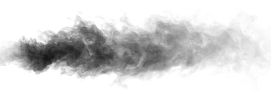 Abstract black puffs of smoke swirl overlay on transparent background pollution. Royalty high-quality free stock PNG image of abstract smoke overlays on white background. Black smoke swirls fragments