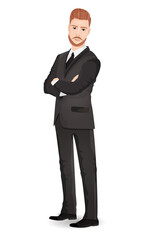 Cartoon character of confident businessman isolated on white background. Man in tuxedo, black jacket with tie, pants and shoes. Male character arms crossed stands half-sided. Vector illustration