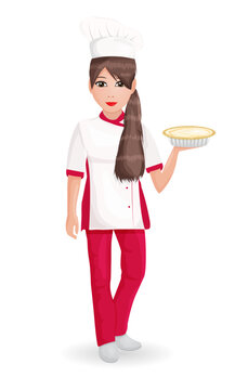 Beautiful cartoon character of smiling woman confectioner isolated on white background. Pastry-cook female in professional clothing and cook hat standing and holding a pie. Pastry concept. Vector