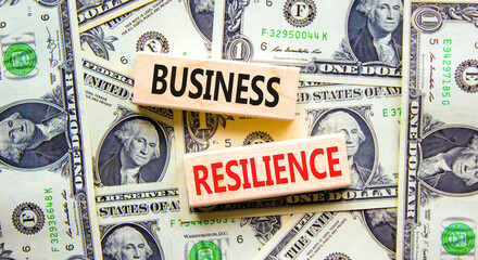 Business resilience symbol. Concept word Business resilience typed on wooden blocks. Beautiful background from dollar bills. Business and business resilience concept. Copy space.