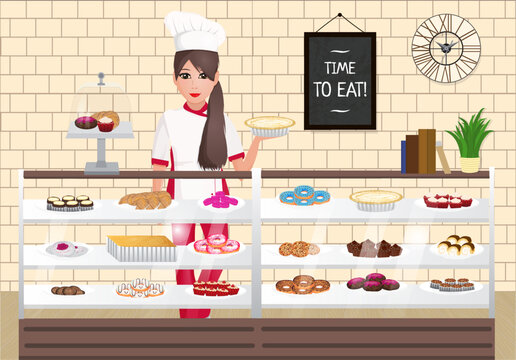 Illustration in cartoon style with woman confectioner, bakery in coffee cafe or restaurant. Sweets. Coffee maker, mug, books, flowerpot, watches. Vector composition. Set of bakery inside a room.