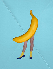 Contemporary art collage. Male legs in yellow tights and heels with banana body isolated over blue background. Masculinity