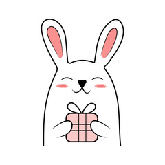 Cute rabbit with a gift. Doodle image of a rabbit for print, pattern, logo. New year 2023, easter.