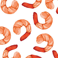 Shrimp pattern vector illustration background isolated on plain white background. Boiled sea food drawing with cartoon flat art style. Fresh food pictogram.