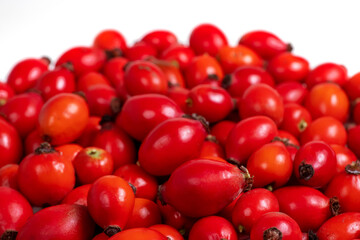 Heap fresh ripe rose hips on the white background.