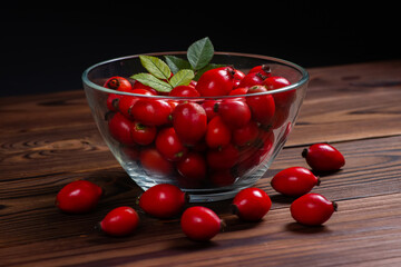 Fresh red Rose Hips in the glass bowl on wooden background, fresh Berries from the dog rose