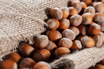 close up of hazelnuts on wooden table, top view