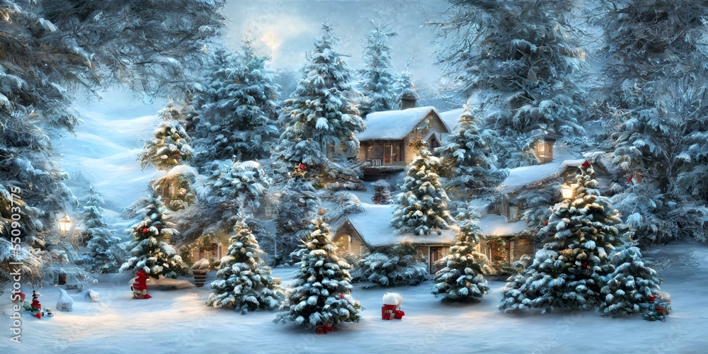 Wall mural A Christmas Scene With A House In The Middle Of A Snowy Forest, Dreamy Masterpiece Background. Digital Art Illustration.