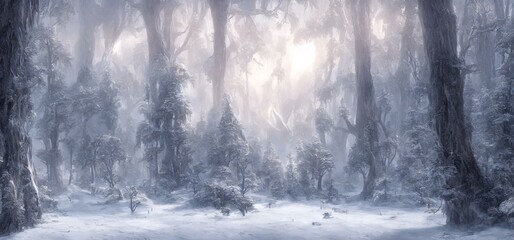 A Snowy Forest With Sun Shining Through The Trees, Phenomenal Background Wallpaper. Computer Graphics Digital Art Illustration.