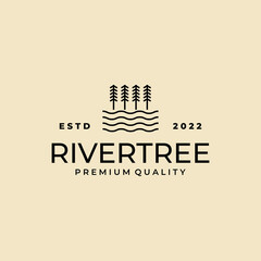pine tree with river creek logo line art design vector