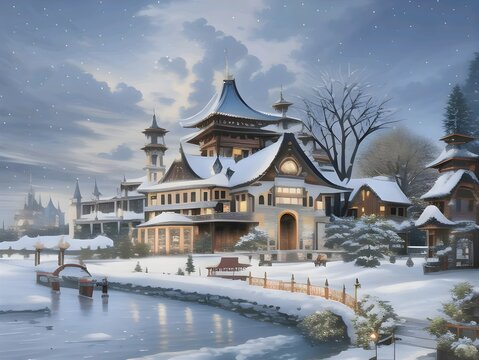 Castle in the snow. Winter Landscape Traditional House. Beautiful illustration of winter landscape.
