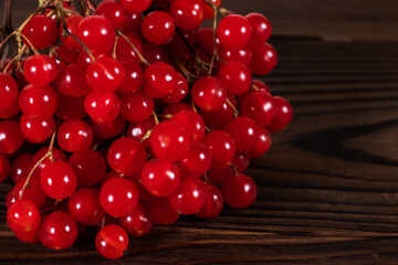 Branch red berries of Viburnum, arrow wood, on wooden background