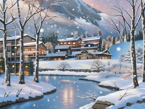 Winter landscape in the village. Landscape painting of winter, houses, rivers, trees and mountains behind. Beautiful illustration of winter landscape.