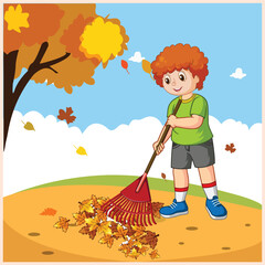 Cute kids cleaning leaves in the autumn vector illustration