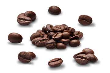 Set of roasted coffee beans or split flat berries, dark, chiaro, in piles and alone isolated png - obrazy, fototapety, plakaty