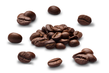 Set of roasted coffee beans or split flat berries, dark, chiaro, in piles and alone isolated png