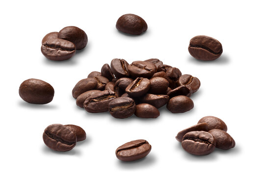 Set of roasted coffee beans or split flat berries, dark, chiaro, in piles and alone isolated png