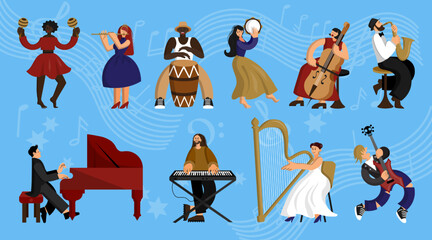Music people. Doodle musician concert. Saxophone and jazz instruments. Men play drum and piano. Funny drawing. Women with maracas and flute. Vector concept current musical characters set