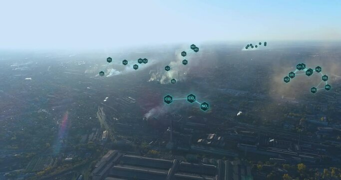 Flight around the Pipe with dangerous emissions into the atmosphere. The concept of emissions into the atmosphere. Hazardous chemicals fly out of the factory chimney, visualization process.