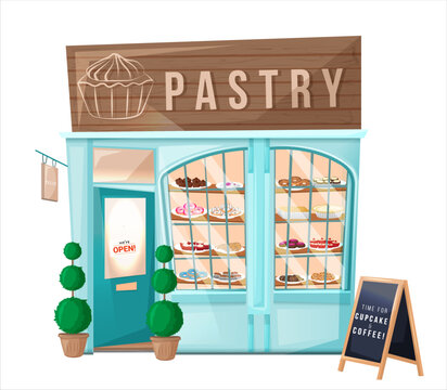 Vector illustration of pastry cafe facade. Exterior of bakery shop. Store with sweets in cartoon style. Isolated on white background. Icon. For business. Architecture. Front side. Open door
