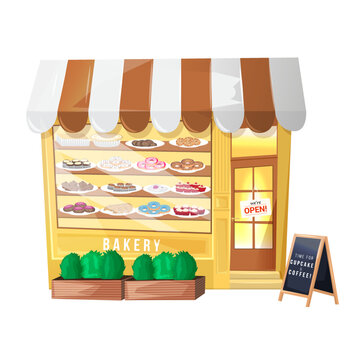 Vector illustration of pastry cafe facade. Exterior of bakery shop. Store with sweets in cartoon style. Isolated on white background. Icon. For business. Architecture. Front side. Open door