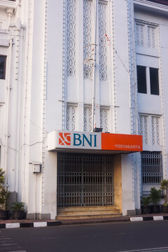 View of Bank BNI office building at zero km point near Fort Vredeburg Museum in Yogyakarta.