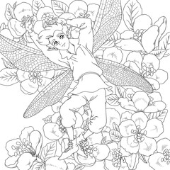 Fototapeta na wymiar Vector outline illustration with a fairy on a background of apple flowers. Coloring page with contour sketch of a winged elf in the spring almond blossom.