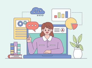 Woman character preparing presentation. Meeting online with teleconference, work from home and work from anywhere concept. Outline flat style vector illustration.