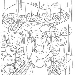 Vector illustration with a fairy who hid under a leaf from the rain. Outline sketch with a winged elf under a mushroom for a coloring book.