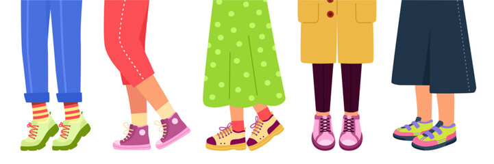 Woman walk foot. Legs in sneakers. Colorful boots. Man fashion shoe. Casual footwear. Girl lifestyle. Character wear pants or skirt. Trendy person. Vector design nowaday illustration