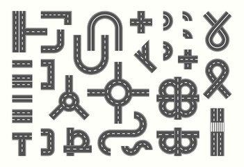 Street road creation elements. Highway top view. Circle and curve roadway parts. Automobile traffic. Track asphalt junction. Crossroad line. Straight way. Vector background current set