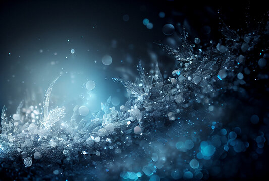 Ice crystals and snowflakes on blue and silver glitter sparkles background. Christmas, winter background.	