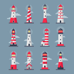 Red lighthouse. Water beach travel house. Light building. Isolated nautical construction and clouds. Sea navigation towers set. Ocean coast architecture. Vector flat tidy illustration