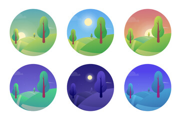 Day and night landscape. Morning dawn. Afternoon and evening sky. Sun light gradient. Dusk and sunset. Wild hills meadow with trees. Nature panoramas set. Vector illustration recent icons