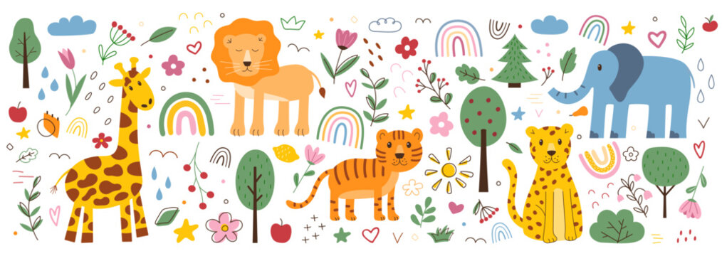 Children doodle pattern. Animals and flower plants. Childish tiger. Geometric tree drawing. Lion and leopard. Scandinavian elements set. Rainbow and giraffe. Vector colorful utter design